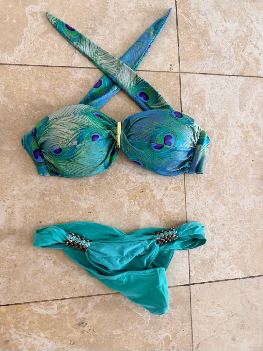 Vix Peacock-Print Bandeau Top with Teal Bikini Bottoms